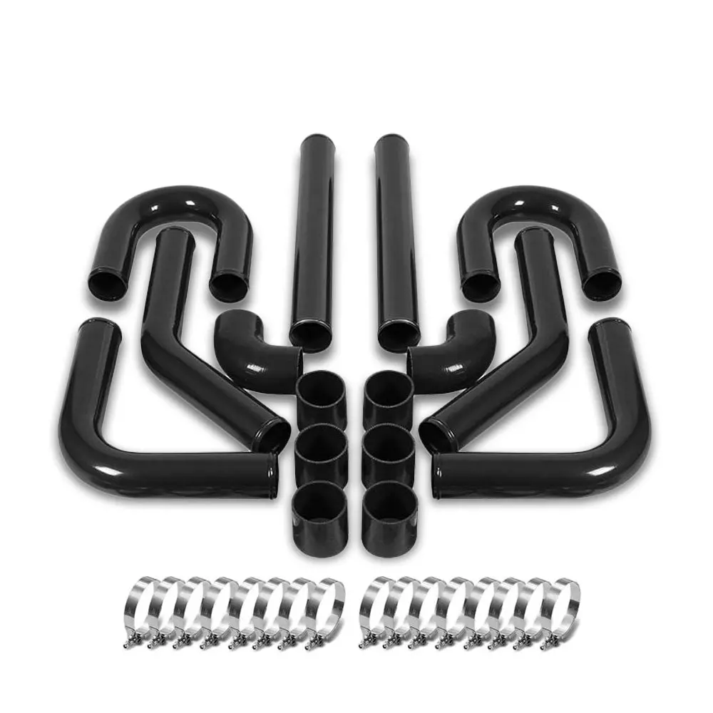 Universal 2.25" Black 8Pc F.Mount Intercooler Pipe Straight/Elbow Hose+Clamp 1