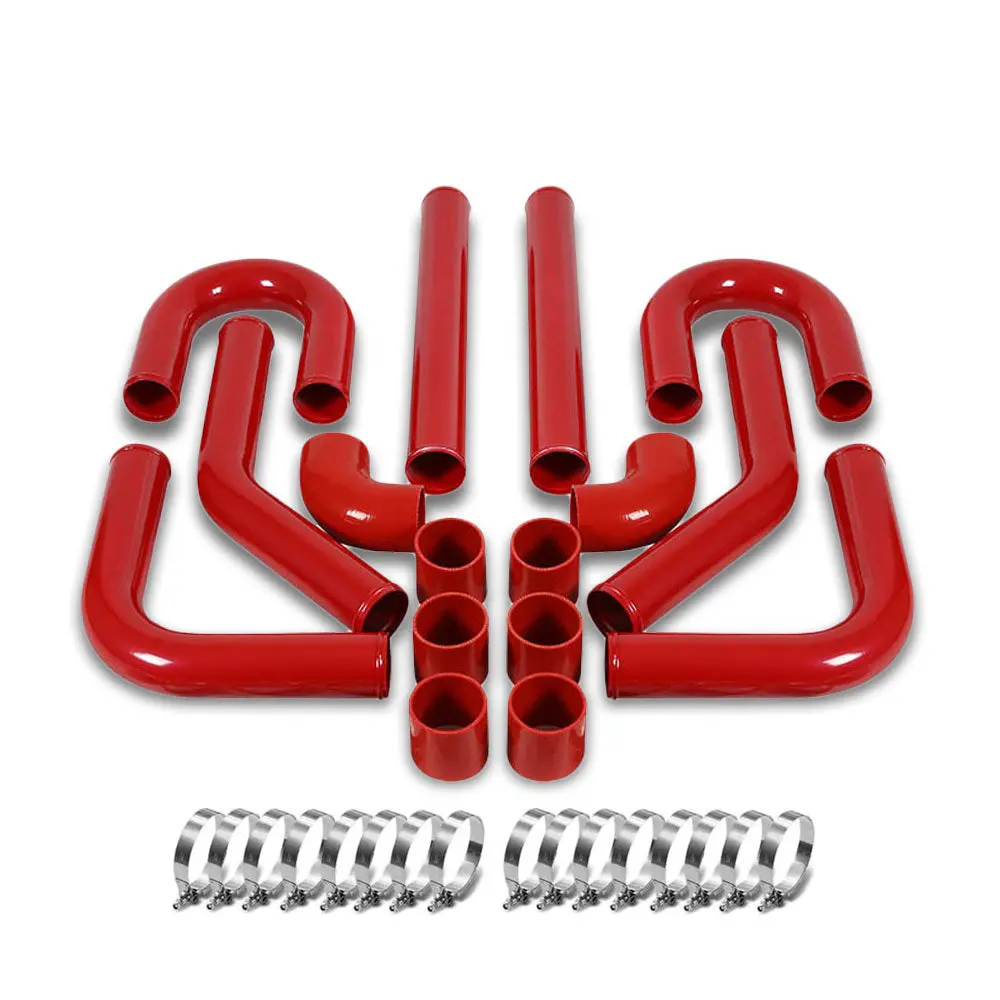 Universal 2.25" Red 8Pc Front Mount Intercooler Pipe Straight/Elbow Hose+Clamp 1