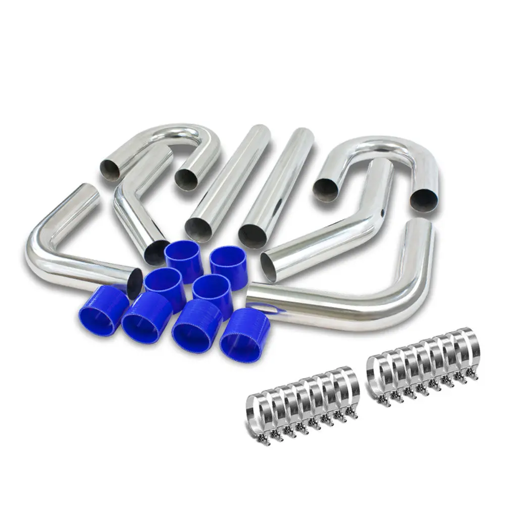 Universal 2.25" Polish 8Pc Front Mount Intercooler Piping Straight Hose+Clamp 1