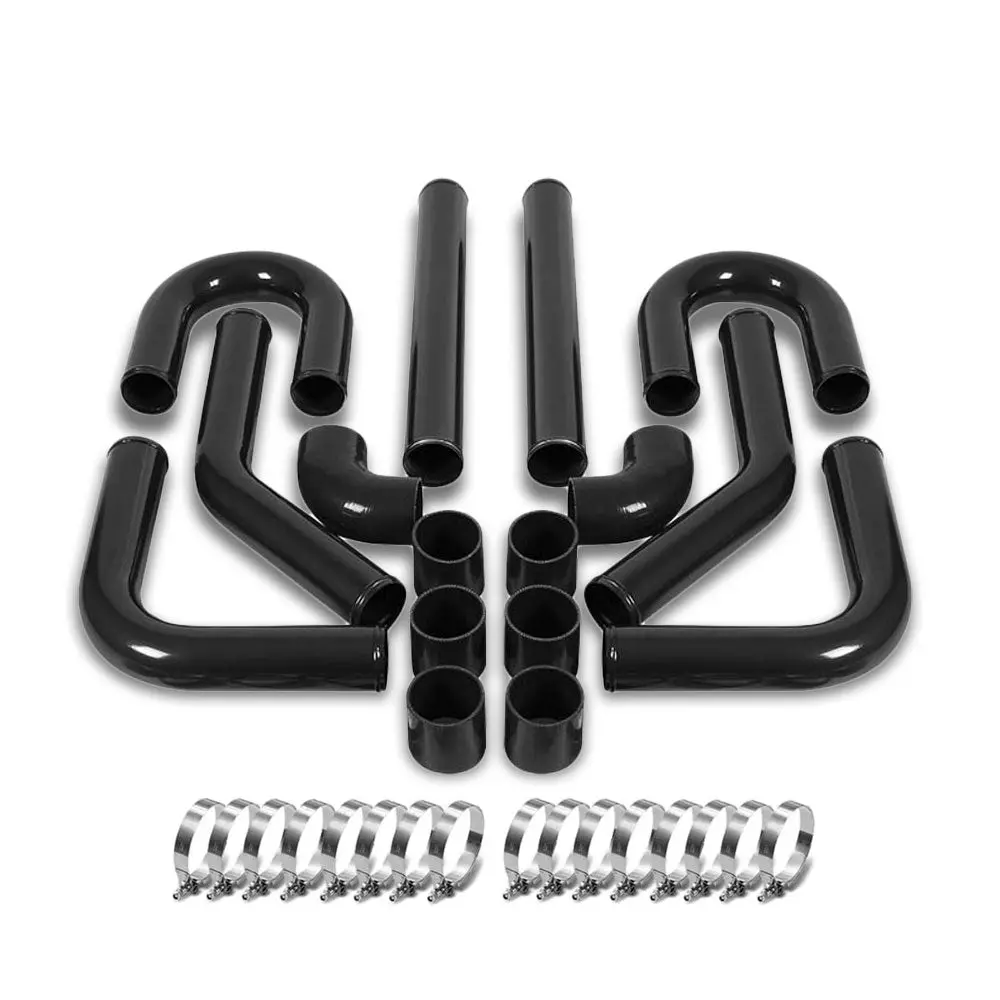 Universal 2.50" Black 8Pc Front Mount Intercooler Pipe Straight/Elbow Hose+Clamp 1