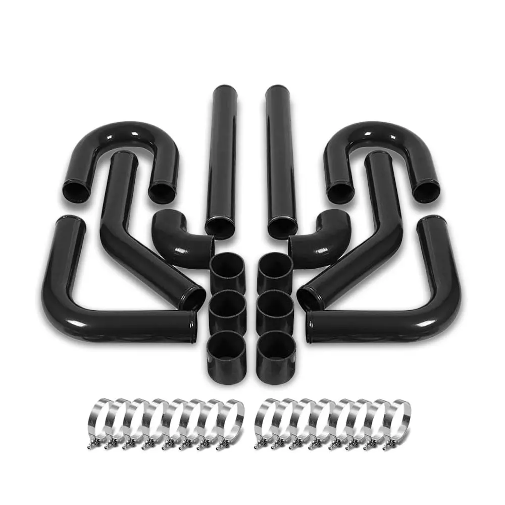 Universal 2.75" Black 8Pc F.Mount Intercooler Pipe Straight/Elbow Hose+Clamp 1