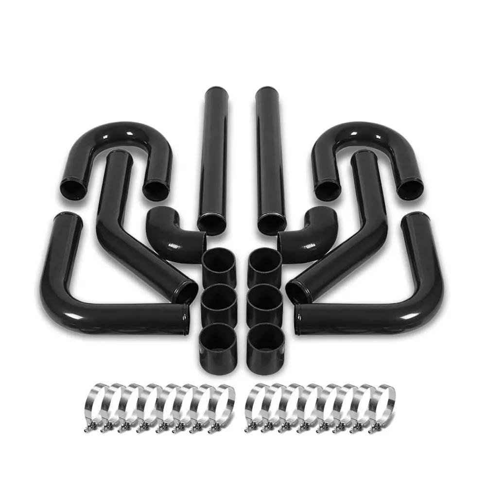 Universal 3" Black 8Pc Front Mount Intercooler Piping Straight/Elbow Hose+Clamp 1