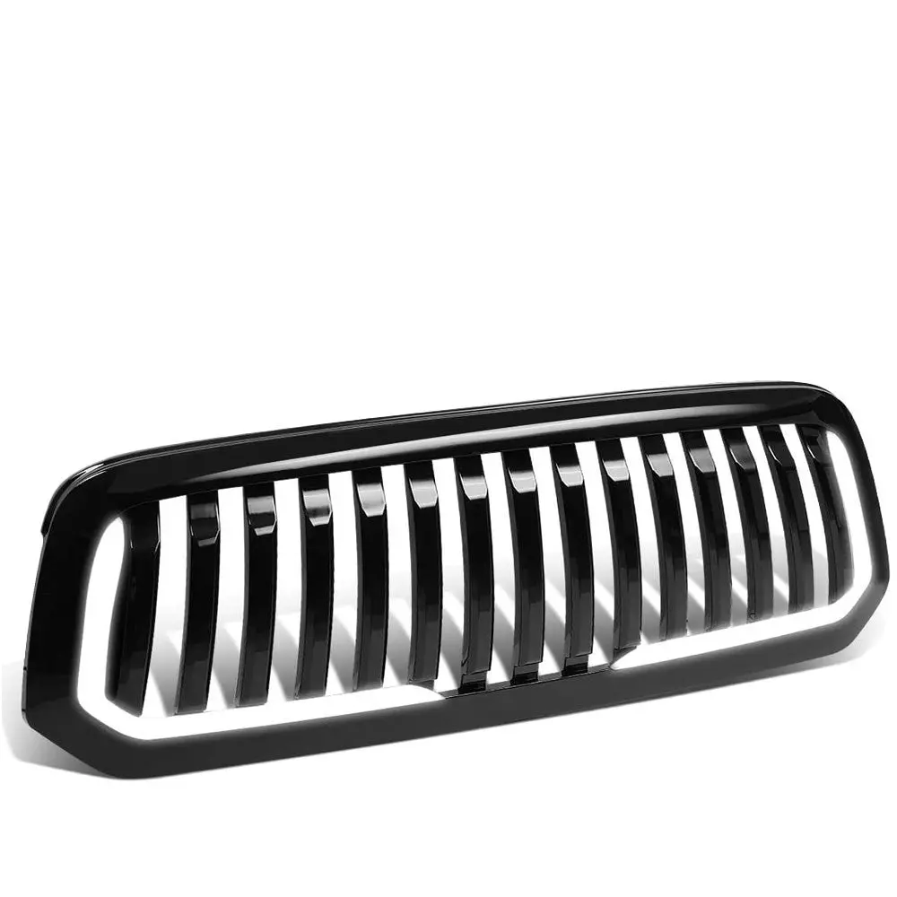 Glossy Black Badgeless Vertical Style W/Led Drl Front Grille For 13-18 Ram 1500 1