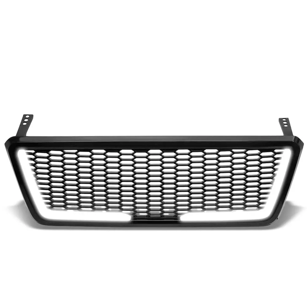 Glossy Black Badgeless Honeycomb Mesh Front Grille+Led Bar For 04-08 Ford F-150 1