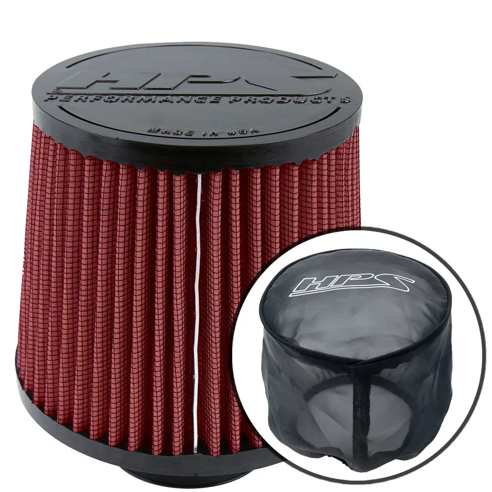 Hps 2.5" Universal Round Tapered Red Intake Air Filter & Socks Cover 6.5"Length, 6" Base, 5" Top Hps-4274-Red, Hps-9147 1