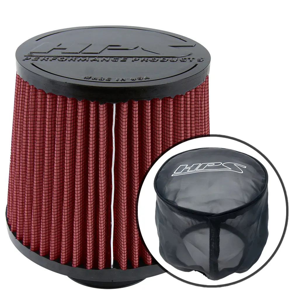 Hps 2.75" Universal Round Tapered Red Intake Air Filter & Socks Cover 6.5"Length, 6" Base, 5" Top Hps-4275-Red, Hps-9147 1