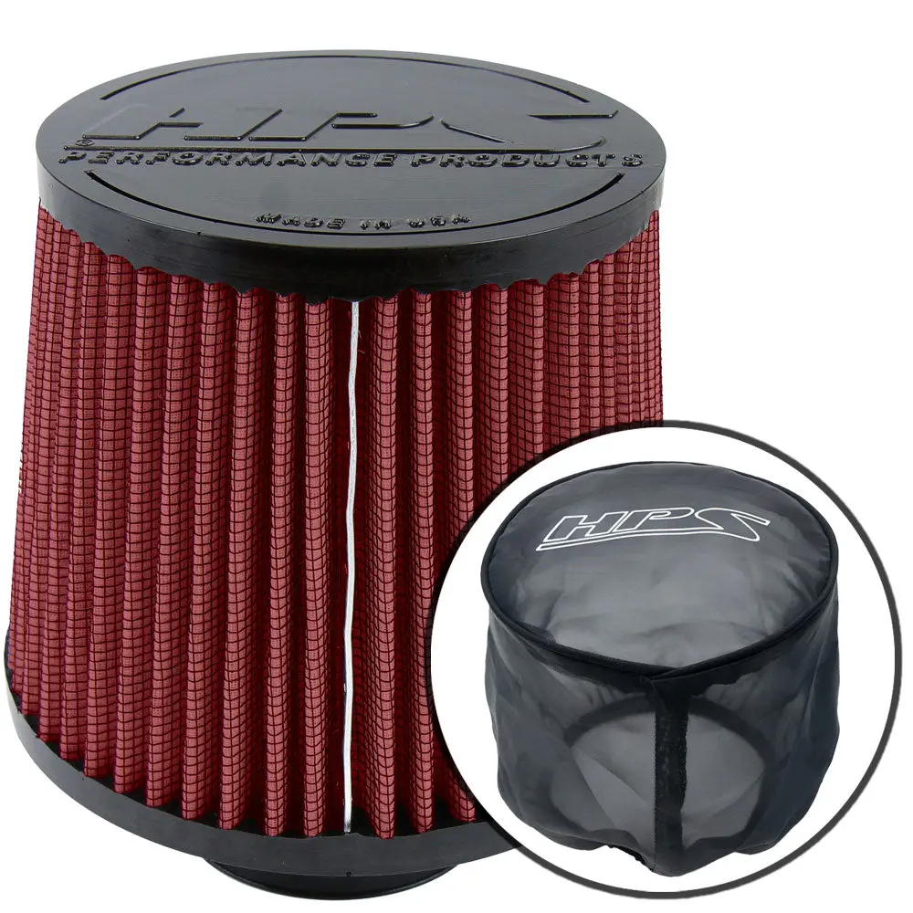 Hps 3" Universal Round Tapered Red Intake Air Filter & Socks Cover 6.5"Length, 6" Base, 5" Top Hps-4276-Red, Hps-9147 1