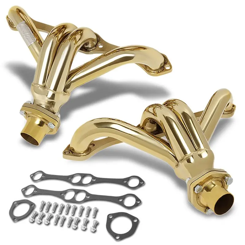 J2 Gold Exhaust Header Manifold (Straight Plug) For Street Rod 23-49 Chevy Small Block Sbc V8 305 327 350 400 1