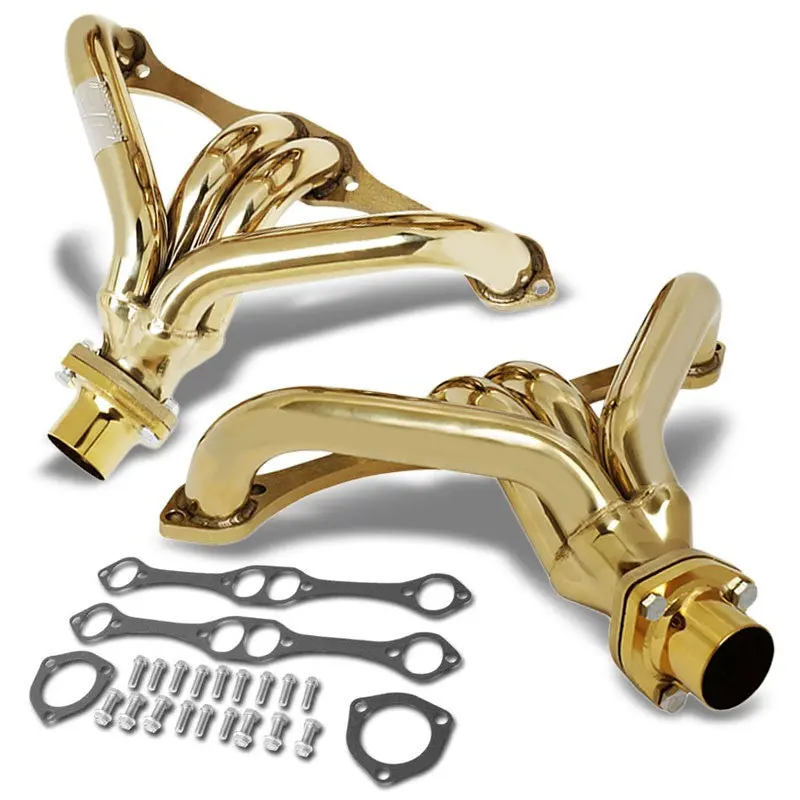 J2 Gold Small Block Hugger Exhaust Header For 66-96 Chevy Sbc 305 327 350 400 1