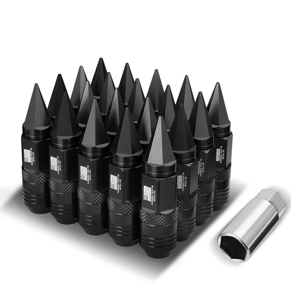 20Pcs J2 Engineering Forged Aluminum Black Lug Nuts [Open / Closed End Spike T7-029] [Conical Seat / M12 X 1.25] 1