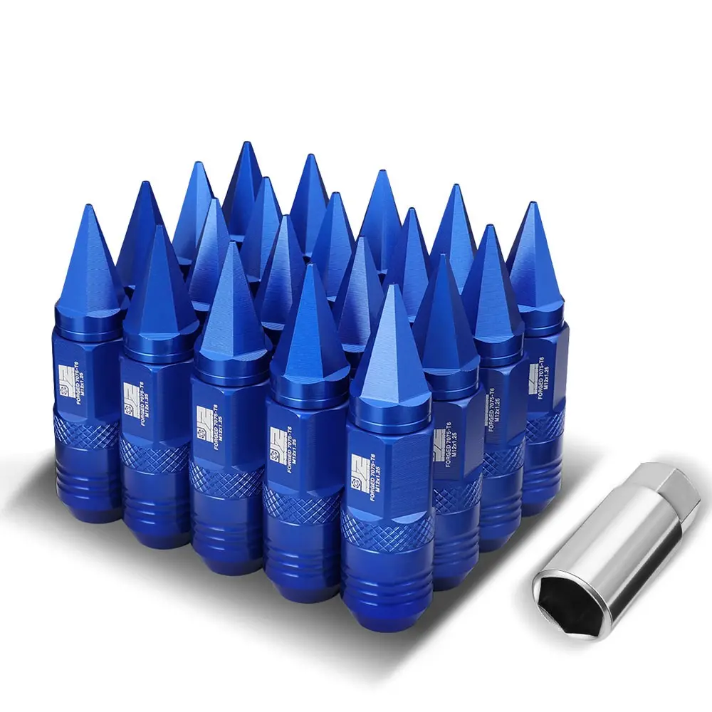 20Pcs J2 Engineering Forged Aluminum Blue Lug Nuts [Open / Closed End Spike T7-029] [Conical Seat / M12 X 1.25] 1