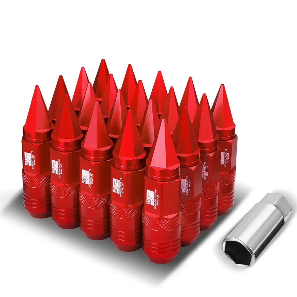 20Pcs J2 Engineering Forged Aluminum Red Lug Nuts [Open / Closed End Spike T7-029] [Conical Seat / M12 X 1.25] 1