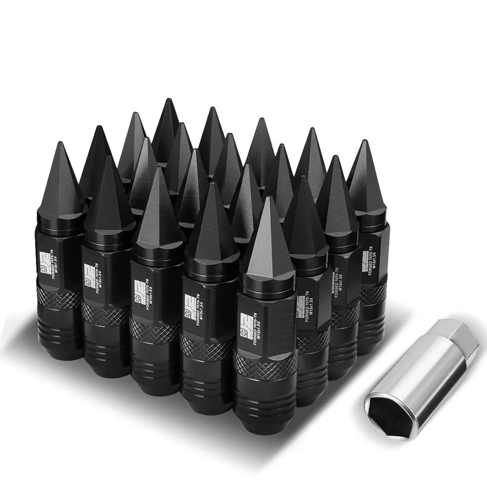 20Pcs J2 Engineering Forged Aluminum Black Lug Nuts [Open / Closed End Spike T7-029] [Conical Seat / M12 X 1.5] 1