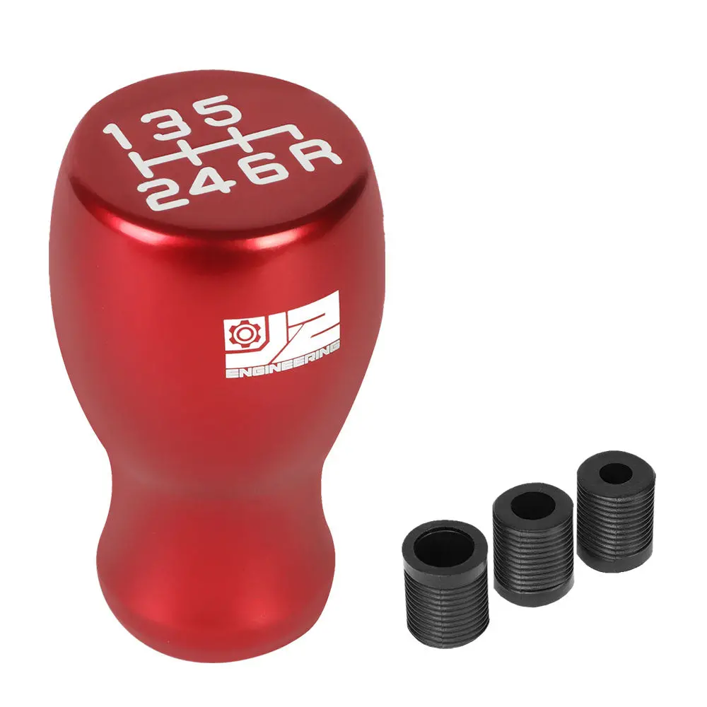 J2 Red (Flat Top Teardrop Design) 6-Speed Pattern Manual Shift Knob (M8/M10/M12 Adapter) 1