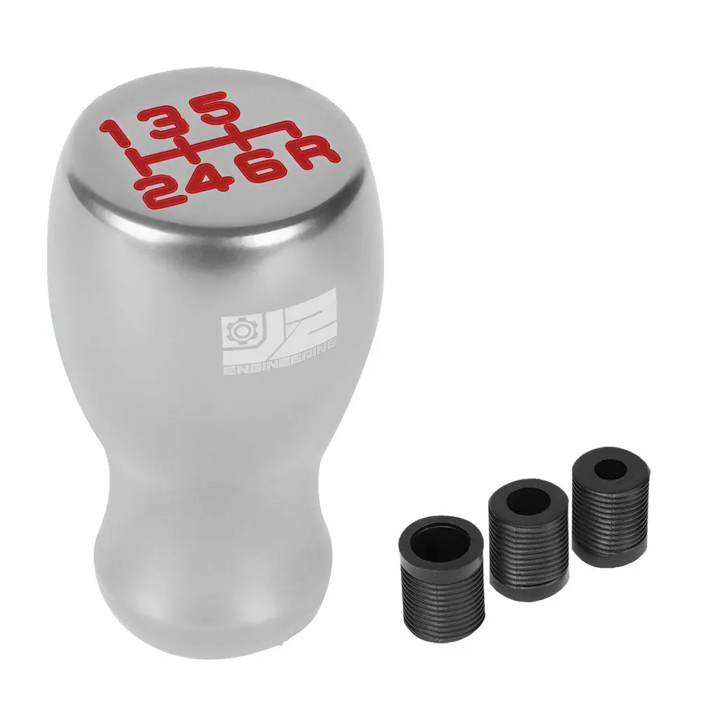 J2 Silver (Flat Top Teardrop Design) 6-Speed Pattern Manual Shift Knob (M8/M10/M12 Adapter) 1