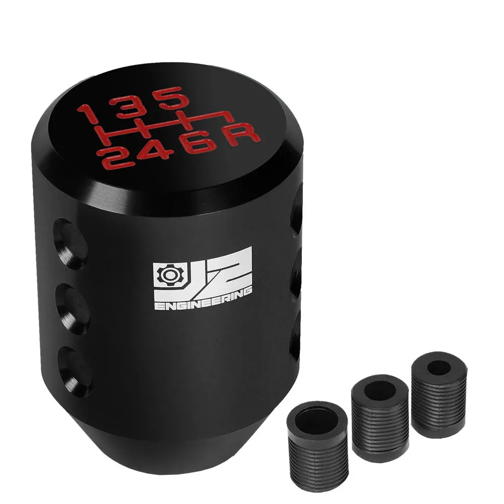 J2 Black (Cylindrical Design Recessed Hole Indents) 6-Speed Pattern Manual Shift Knob (M8/M10/M12 Adapter) 1