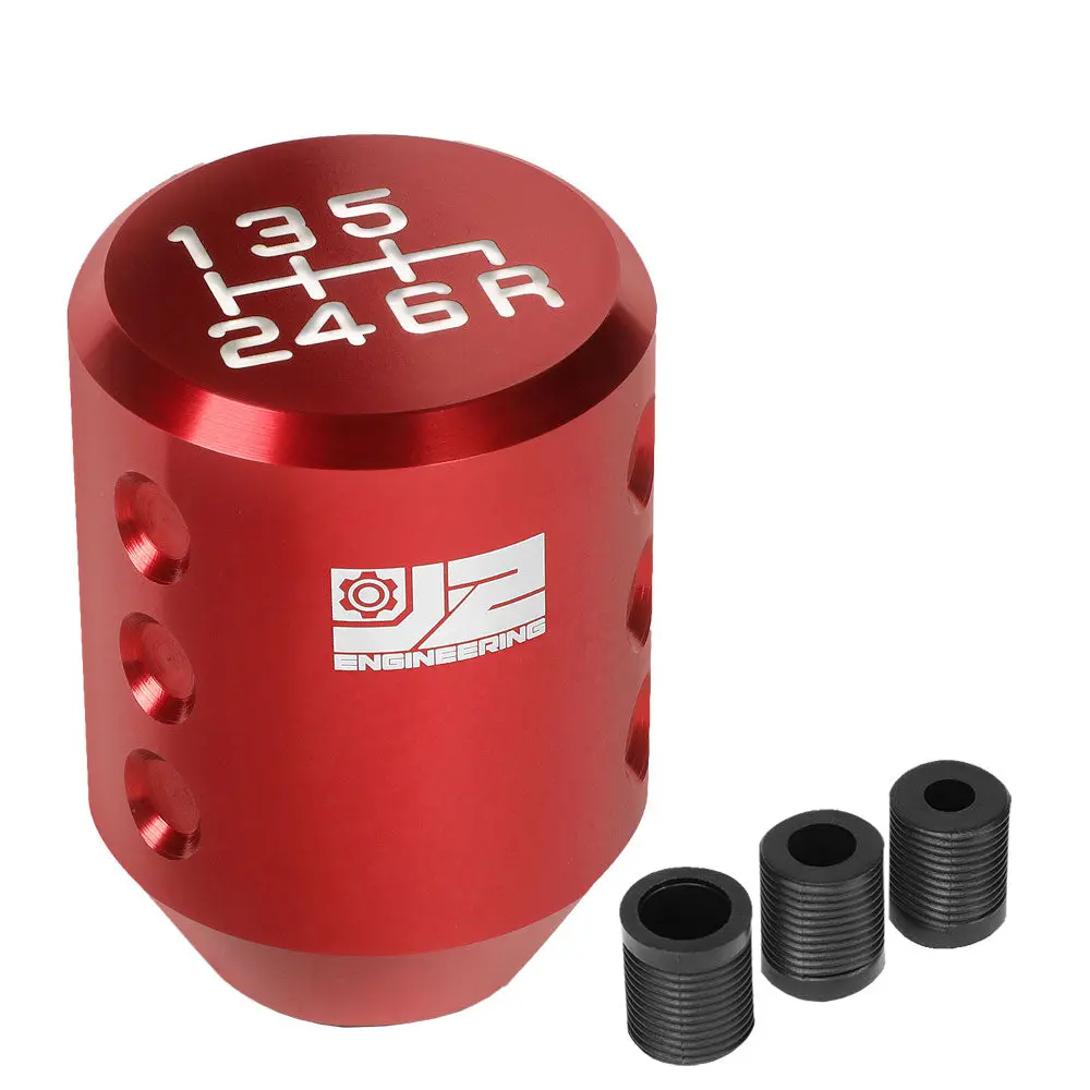 J2 Red (Cylindrical Design Recessed Hole Indents) 6-Speed Pattern Manual Shift Knob (M8/M10/M12 Adapter) 1