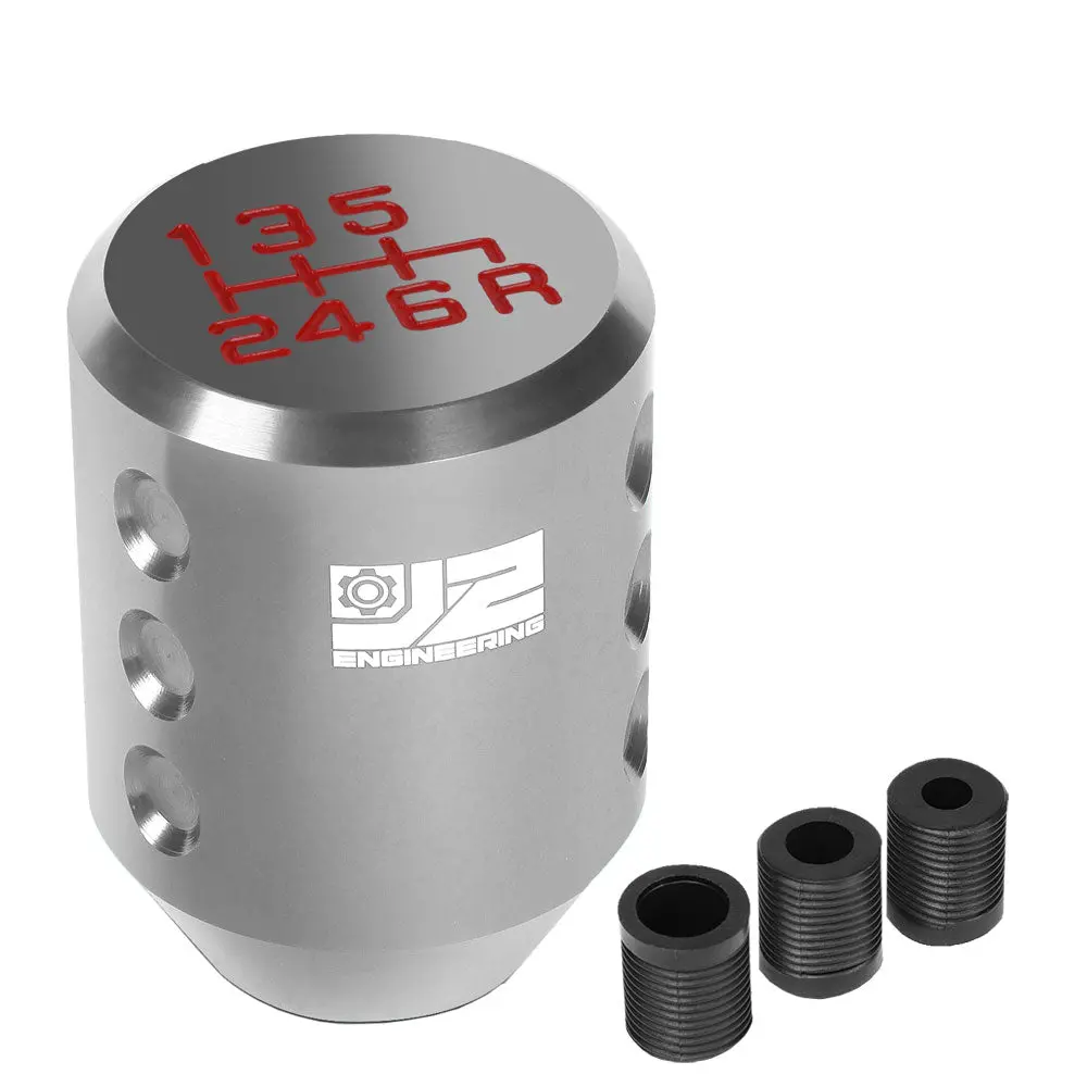 J2 Silver (Cylindrical Design Recessed Hole Indents) 6-Speed Pattern Manual Shift Knob (M8/M10/M12 Adapter) 1