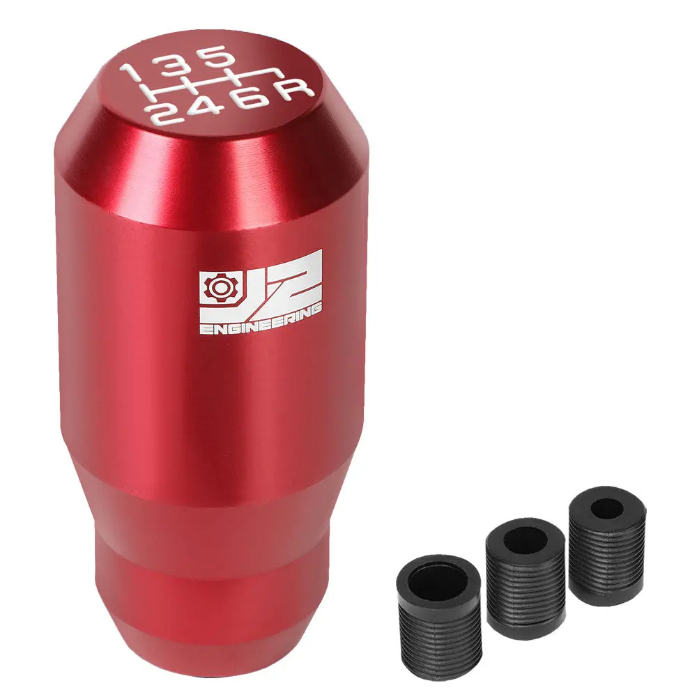 J2 Red (Cylindrical Design Tapered Top / Bottom) 6-Speed Pattern Manual Shift Knob (M8/M10/M12 Adapter) 1