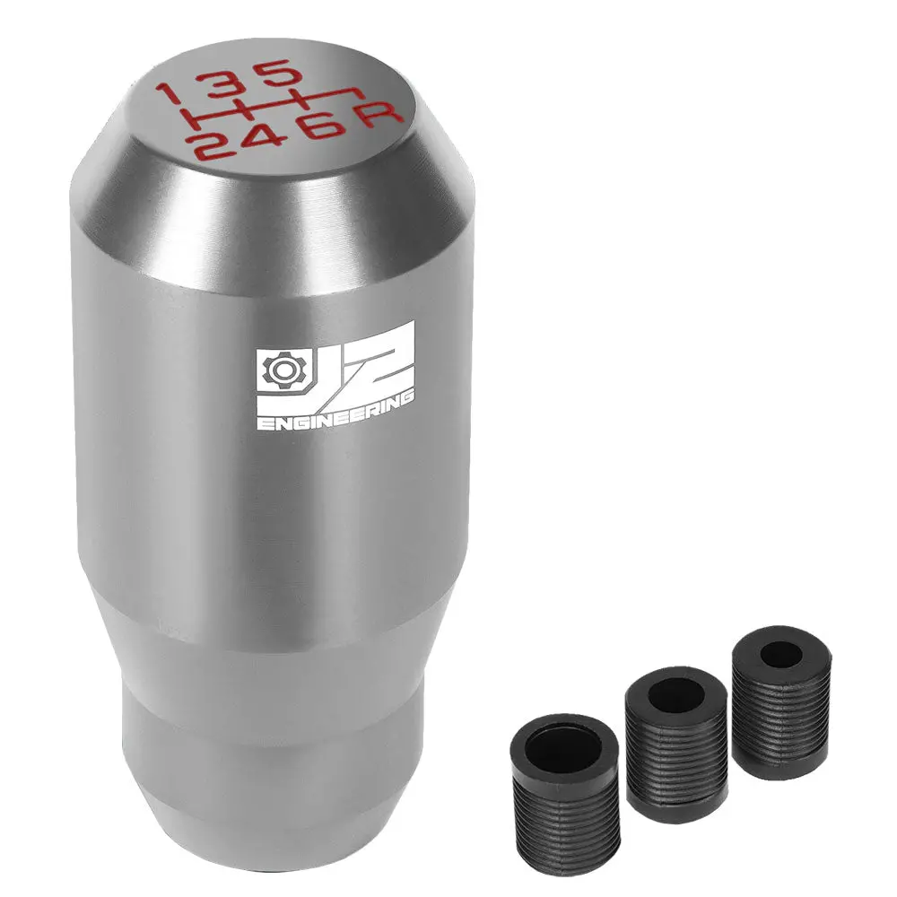 J2 Silver (Cylindrical Design Tapered Top / Bottom) 6-Speed Pattern Manual Shift Knob (M8/M10/M12 Adapter) 1