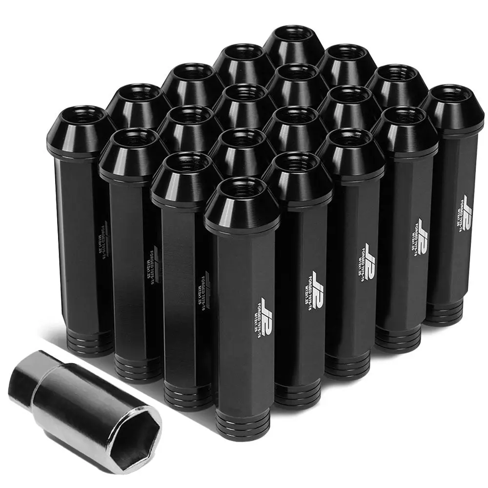 20Pcs J2 Engineering Forged Aluminum Black Lug Nut [Open Knurled End Acorn T7-001] [Conical Seat / M12 X 1.25] 1