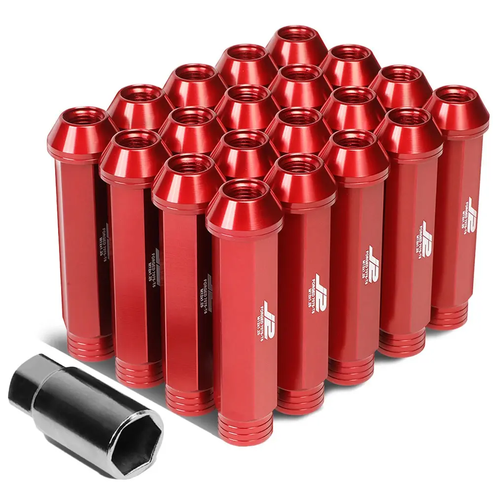 20Pcs J2 Engineering Forged Aluminum Red Lug Nut [Open Knurled End Acorn T7-001] [Conical Seat / M12 X 1.25] 1