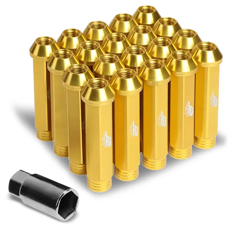 20Pcs J2 Engineering Forged Aluminum Gold Lug Nut [Open Knurled End Acorn T7-001] [Conical Seat / M12 X 1.50] 1