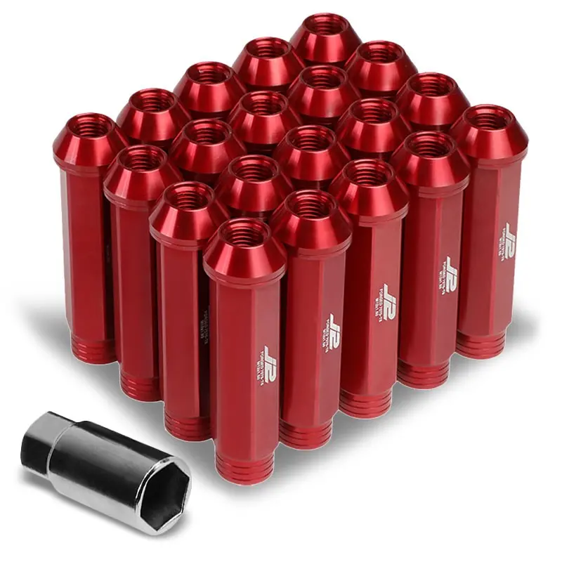 20Pcs J2 Engineering Forged Aluminum Red Lug Nut [Open Knurled End Acorn T7-001] [Conical Seat / M12 X 1.50] 1