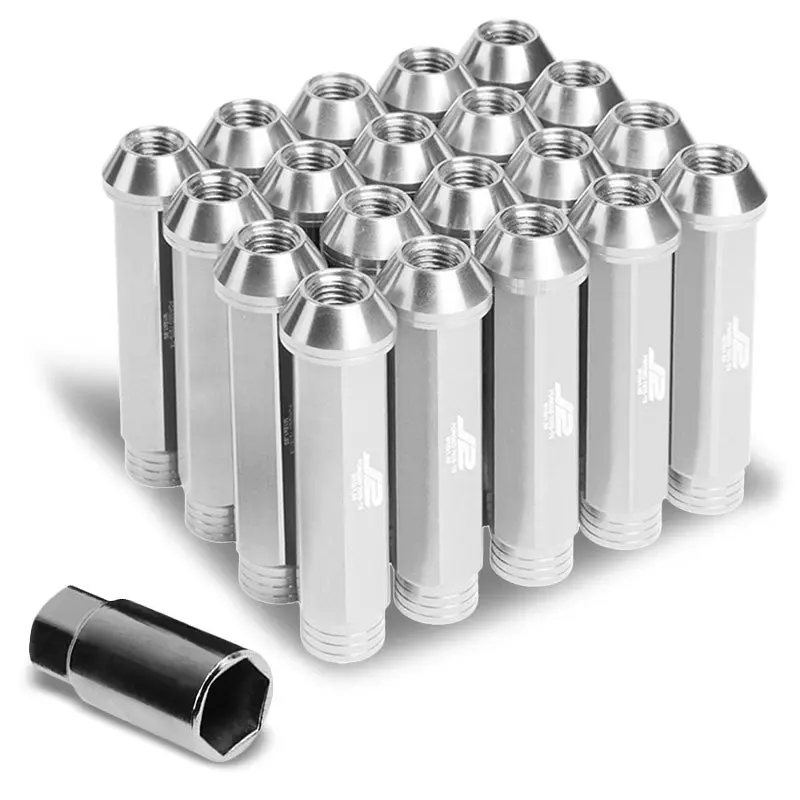 20Pcs J2 Engineering Forged Aluminum Silver Lug Nut [Open Knurled End Acorn T7-001] [Conical Seat / M12 X 1.50] 1