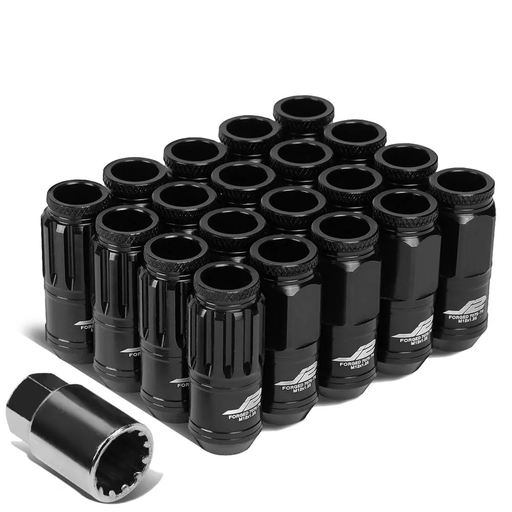 16Pcs J2 Engineering Forged Aluminum Black Lug Nut [Open End Acorn T7-002] [Conical Seat / M12 X 1.25] 1