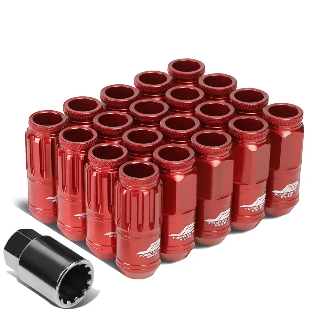 16Pcs J2 Engineering Forged Aluminum Red Lug Nut [Open End Acorn T7-002] [Conical Seat / M12 X 1.25] 1