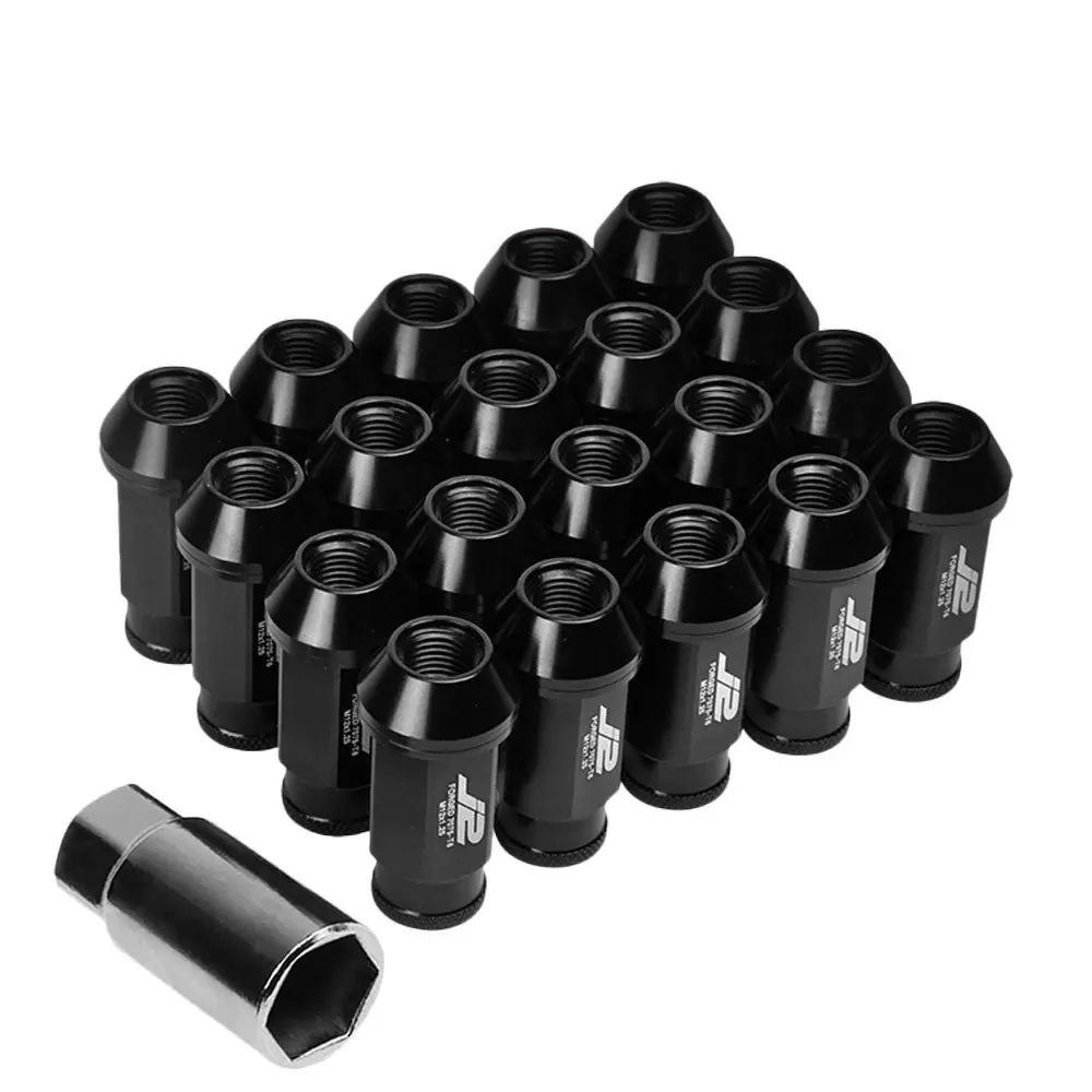 20Pcs J2 Engineering Forged Aluminum Black Lug Nut [Open Knurled End Acorn T7-004] [Conical Seat / M12 X 1.25] 1