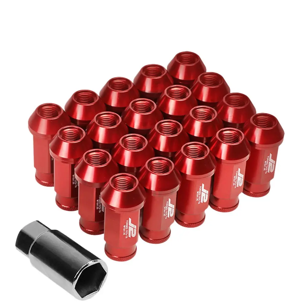 20Pcs J2 Engineering Forged Aluminum Red Lug Nut [Open Knurled End Acorn T7-004] [Conical Seat / M12 X 1.25] 1