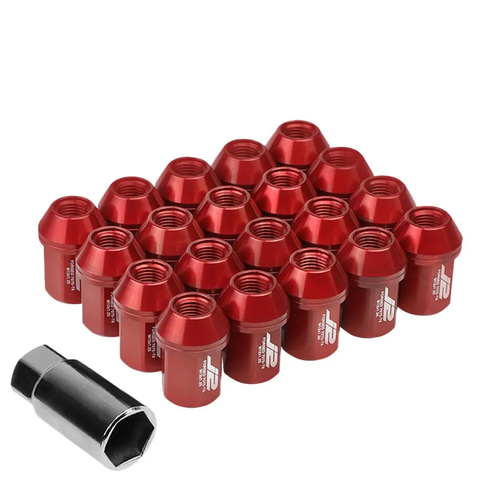 20Pcs J2 Engineering Forged Aluminum Red Lug Nut [Close End Acorn T7-006] [Conical Seat / M12 X 1.25] 1