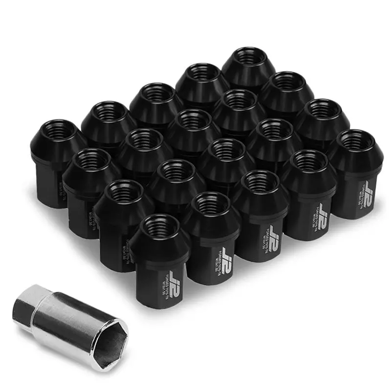20Pcs J2 Engineering Forged Aluminum Black Lug Nut [Close End Acorn T7-006] [Conical Seat / M12 X 1.50] 1
