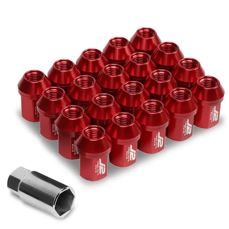 20Pcs J2 Engineering Forged Aluminum Red Lug Nut [Close End Acorn T7-006] [Conical Seat / M12 X 1.50] 1