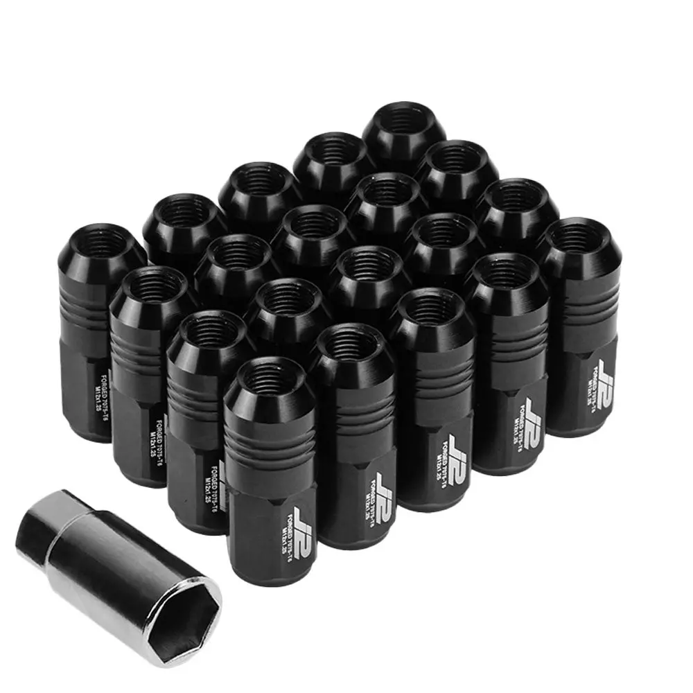 20Pcs J2 Engineering Forged Aluminum Black Lug Nut [Close End Acorn T7-007] [Conical Seat / M12 X 1.25] 1