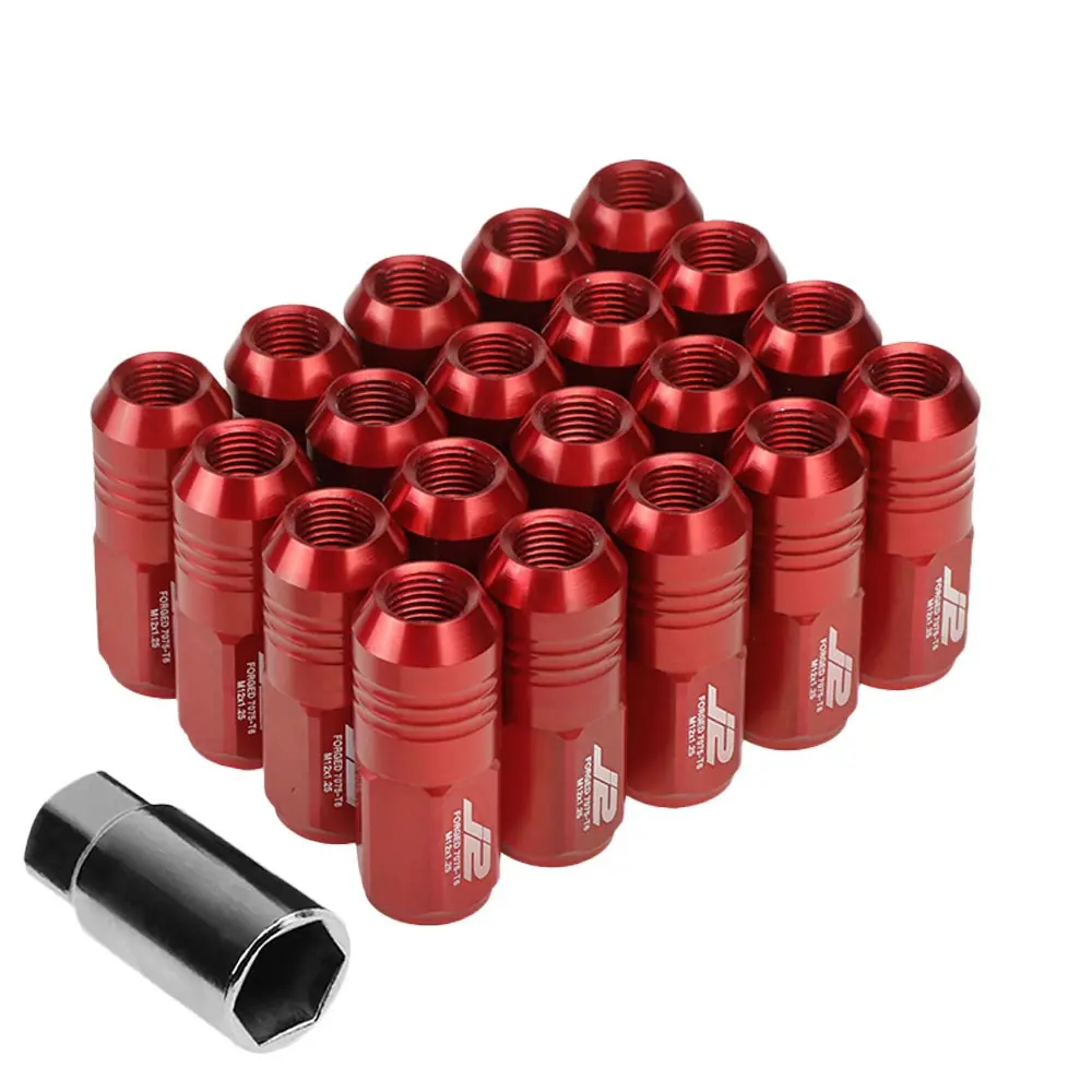 20Pcs J2 Engineering Forged Aluminum Red Lug Nut [Close End Acorn T7-007] [Conical Seat / M12 X 1.25] 1