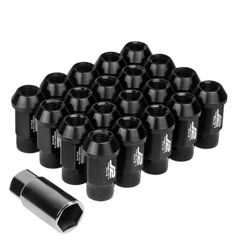 20Pcs J2 Engineering Forged Aluminum Black Lug Nut [Open Knurled End Acorn T7-008] [Conical Seat / M12 X 1.25] 1