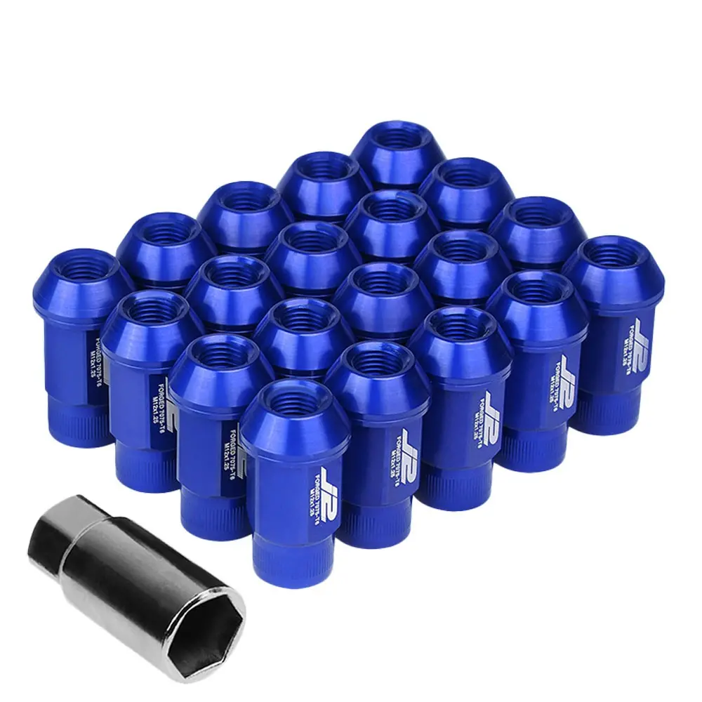 20Pcs J2 Engineering Forged Aluminum Blue Lug Nut [Open Knurled End Acorn T7-008] [Conical Seat / M12 X 1.25] 1