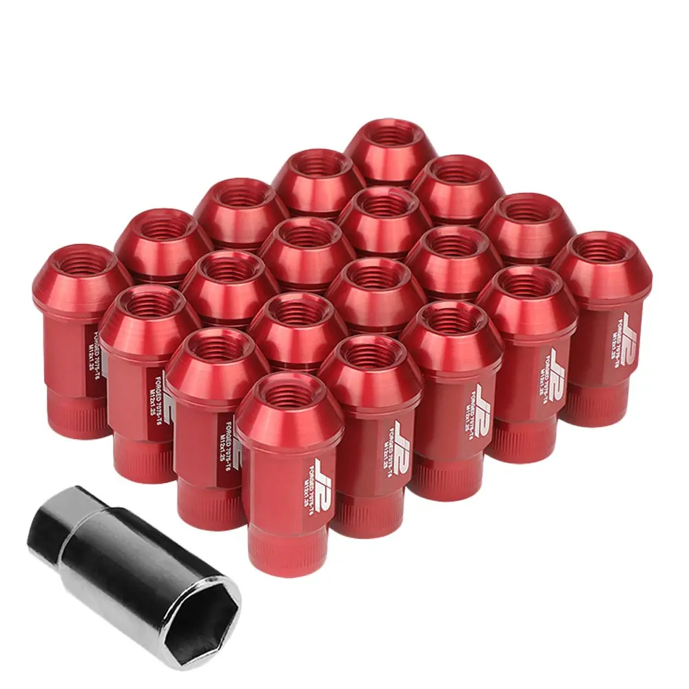 20Pcs J2 Engineering Forged Aluminum Red Lug Nut [Open Knurled End Acorn T7-008] [Conical Seat / M12 X 1.25] 1