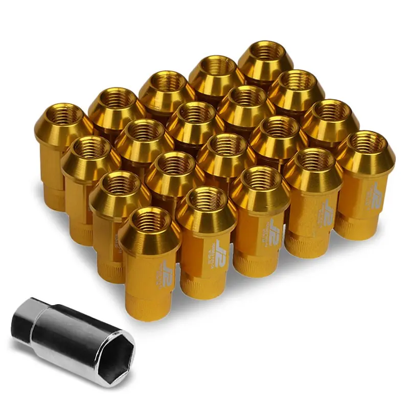 20Pcs J2 Engineering Forged Aluminum Gold Lug Nut [Open Knurled End Acorn T7-008] [Conical Seat / M12 X 1.50] 1