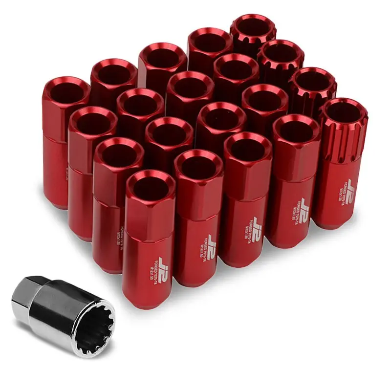 16Pcs J2 Engineering Forged Aluminum Red Lug Nut [Open End Acorn T7-010] [Conical Seat / M12 X 1.50] 1