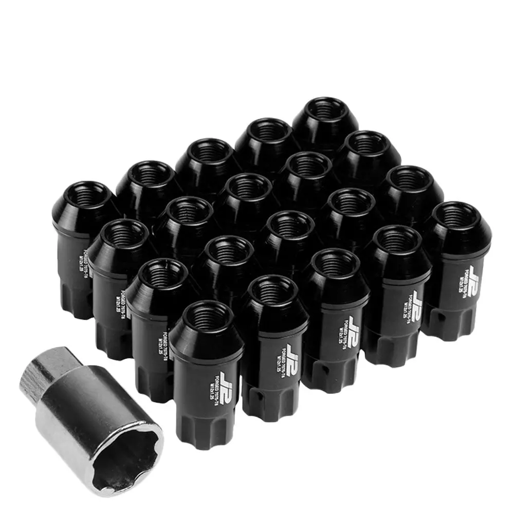 20Pcs J2 Engineering Forged Aluminum Black Lug Nut [Open End Spline Acorn T7-011] [Conical Seat / M12 X 1.25] 1