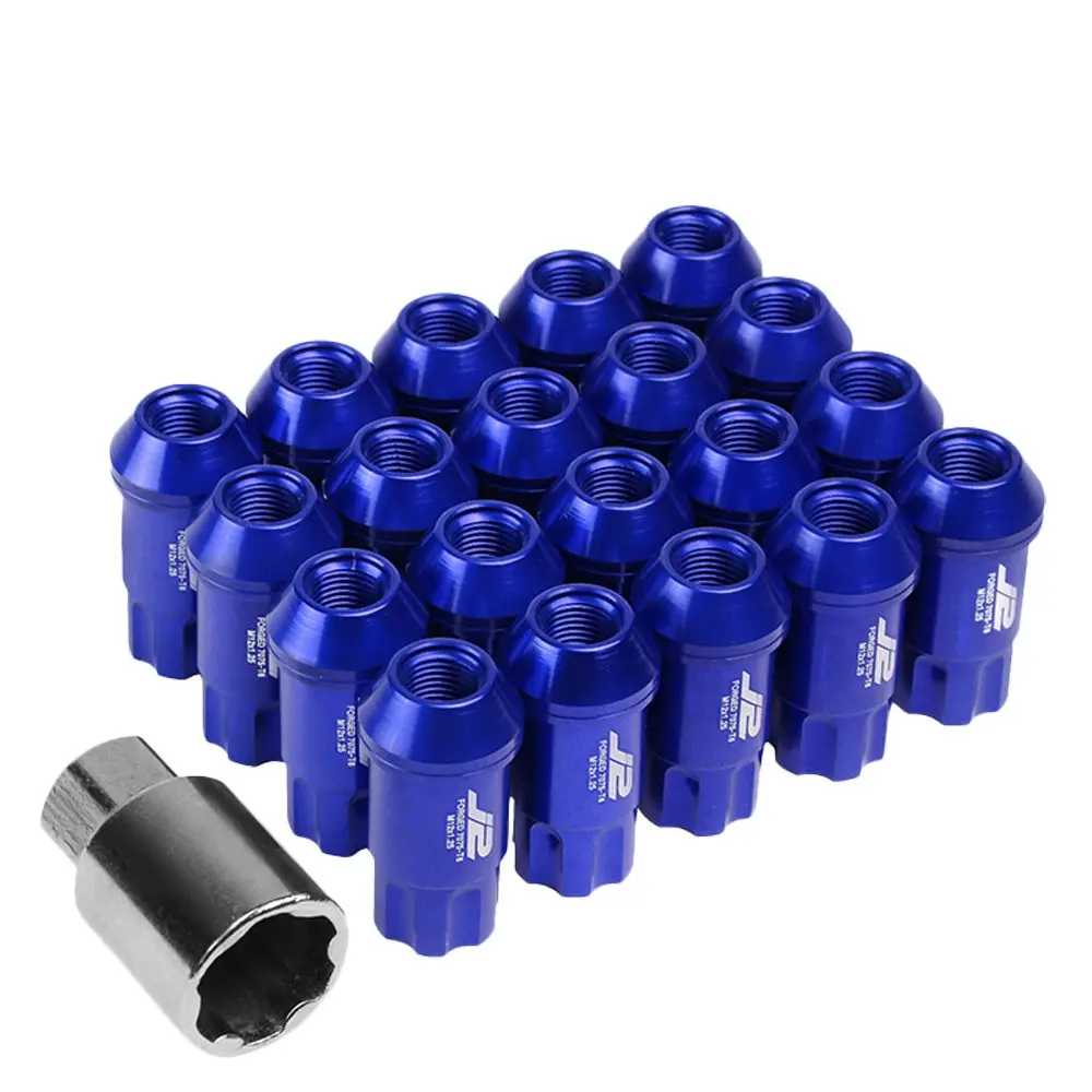 20Pcs J2 Engineering Forged Aluminum Blue Lug Nut [Open End Spline Acorn T7-011] [Conical Seat / M12 X 1.25] 1