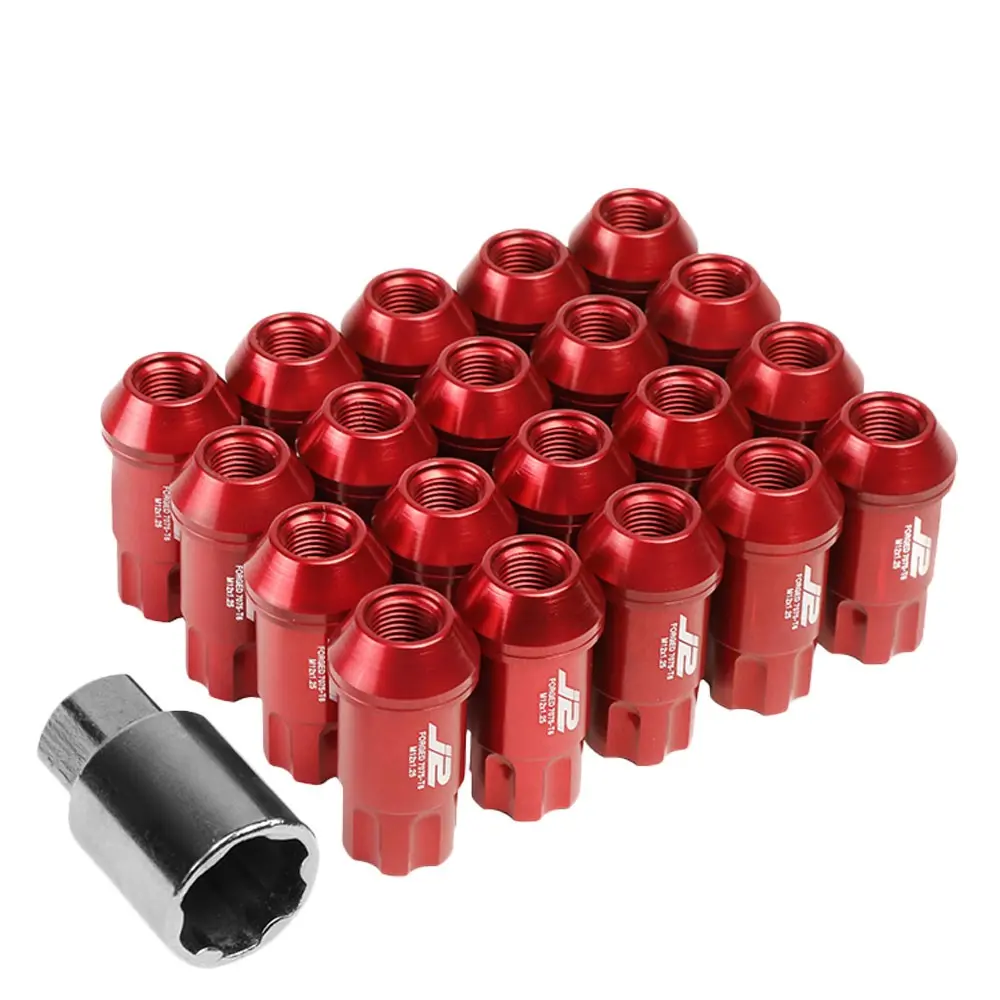 20Pcs J2 Engineering Forged Aluminum Red Lug Nut [Open End Spline Acorn T7-011] [Conical Seat / M12 X 1.25] 1