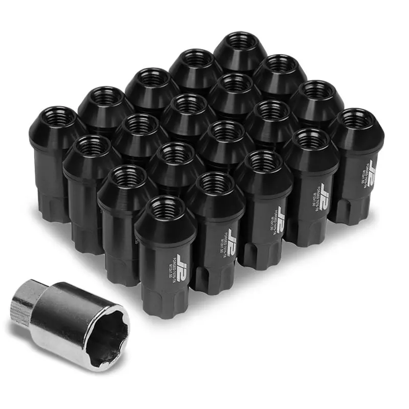 20Pcs J2 Engineering Forged Aluminum Black Lug Nut [Open End Spline Acorn T7-011] [Conical Seat / M12 X 1.50] 1