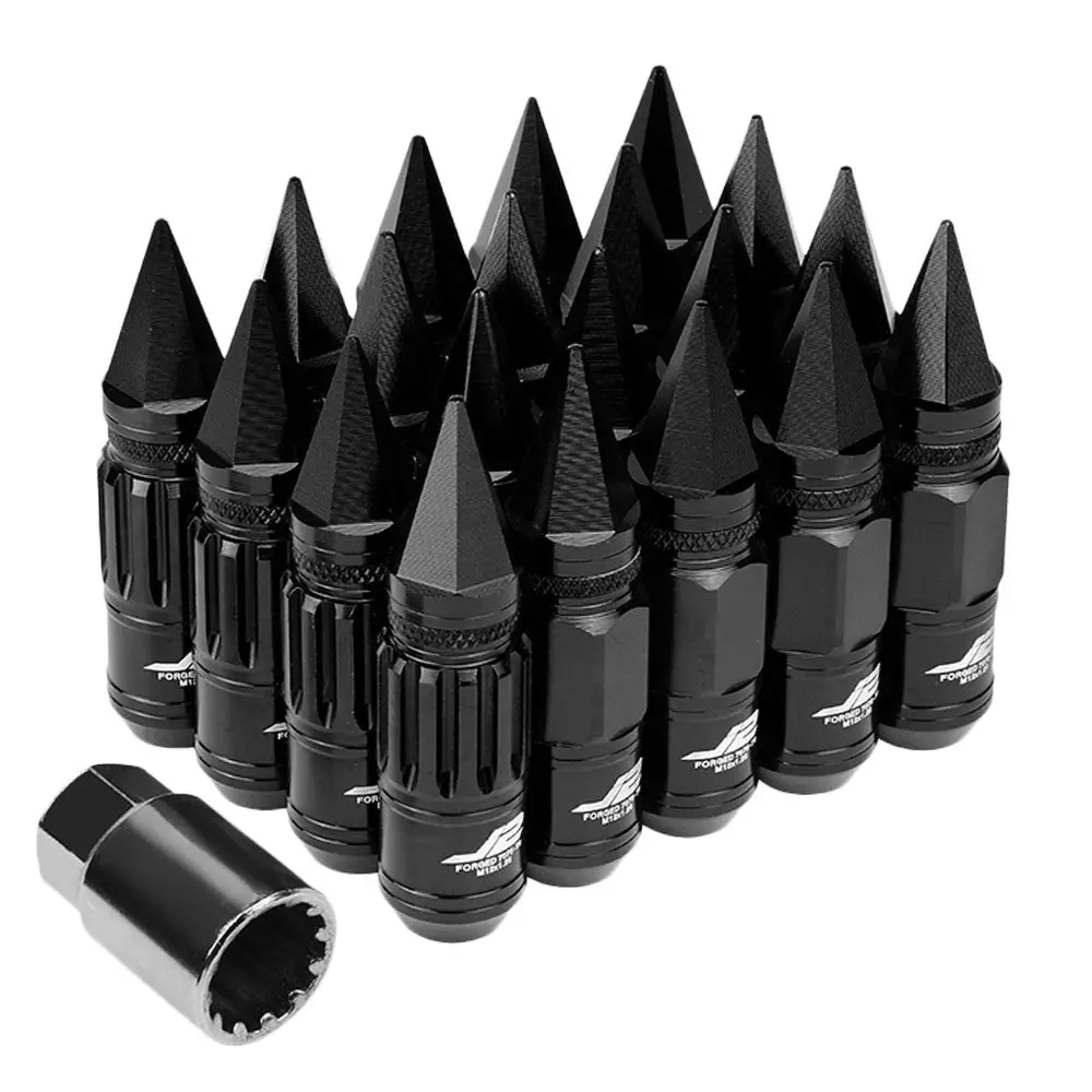 20Pcs J2 Engineering Forged Aluminum Black Lug Nut [Open Knurled End Acorn Lock W/ Spike Cap T7-012] [Conical Seat / M12 X 1.25] 1