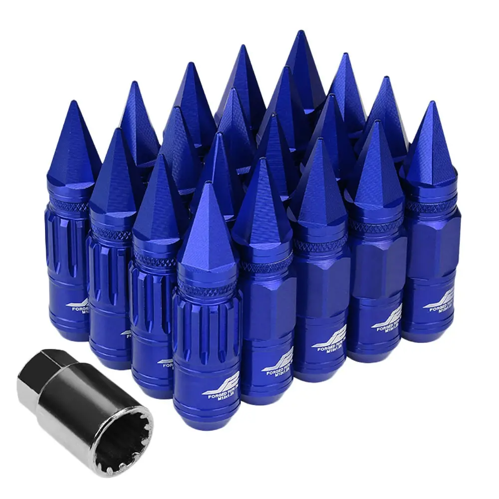 20Pcs J2 Engineering Forged Aluminum Blue Lug Nut [Open Knurled End Acorn Lock W/ Spike Cap T7-012] [Conical Seat / M12 X 1.25] 1