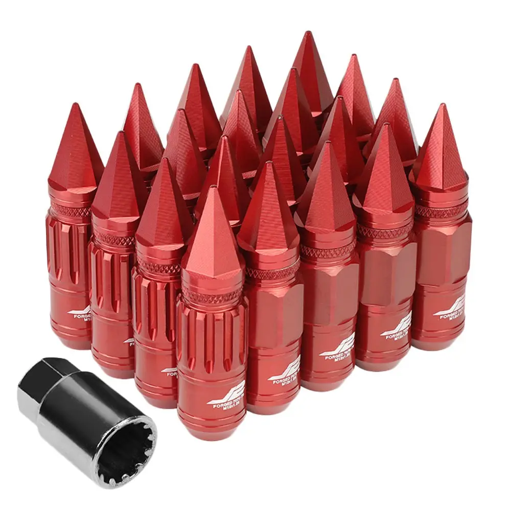 20Pcs J2 Engineering Forged Aluminum Red Lug Nut [Open Knurled End Acorn Lock W/ Spike Cap T7-012] [Conical Seat / M12 X 1.25] 1